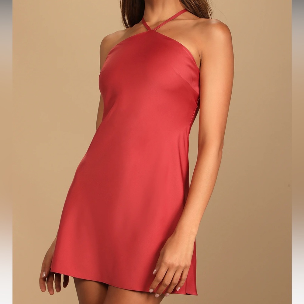 Lulu's Rooftop Party Dusty Red Satin Halter Mini Dress